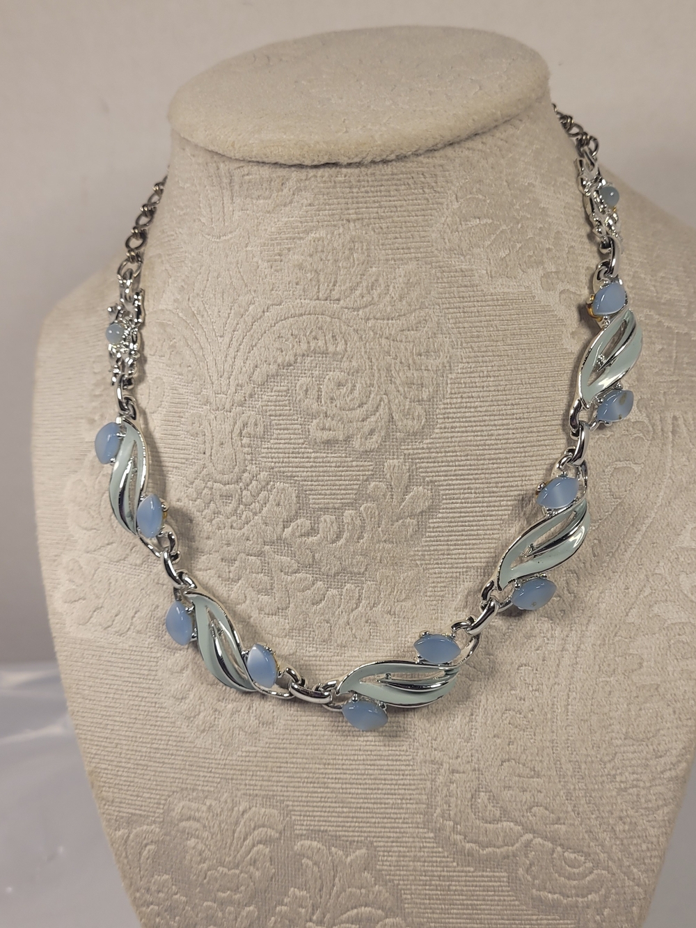 Vtg 1950s Silver Tone Blue Cabochon Leaf Statement Choker Necklace MCM Retro C24
